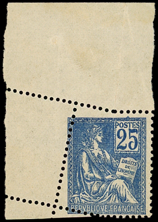 N°118k  Mouchon, 25c bleu, PIQUAGE OBLIQUE par pliage, cdf, neuf **, TTB