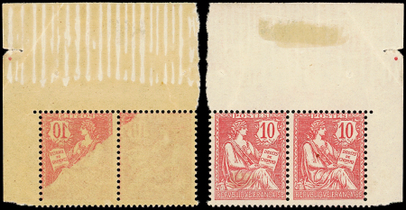 N°124b Mouchon Retouché, 10c rose, PAIRE cdf RECTO-VERSO PARTIEL, frais, neuf **, TB