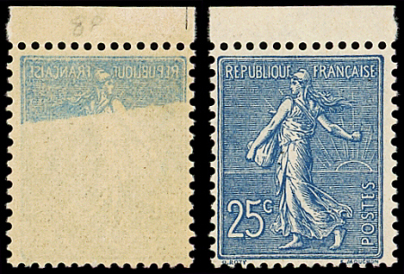 N°132d Semeuse Lignée, 25c bleu, impression RECTO-VERSO sur 1/3 du timbre, bdf, neuf **, TTB