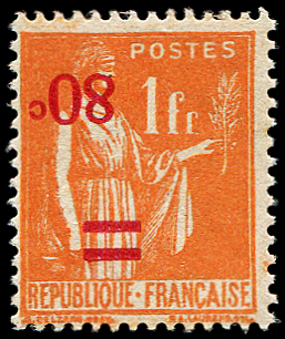N°359b Paix, 80c s. 1f orange, surcharge RENVERSEE,