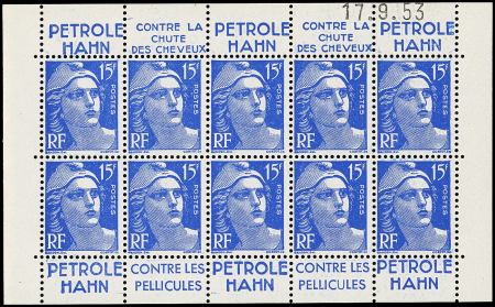 N°886c Gandon, 15f outremer, T II, BLOC de 10 de carnet