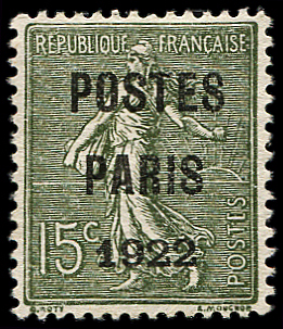 N°31 15c vert-olive, POSTES PARIS 1922, TB