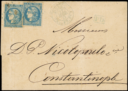 N°46B (2 dont 1 pli d'archive) obl. ANCRE s. LSC, càd LIGNE U PAQ. FR N°2 22/4/71, le tout en BLEU, arr. CONSTANTINOPLE 28/4, B/TB