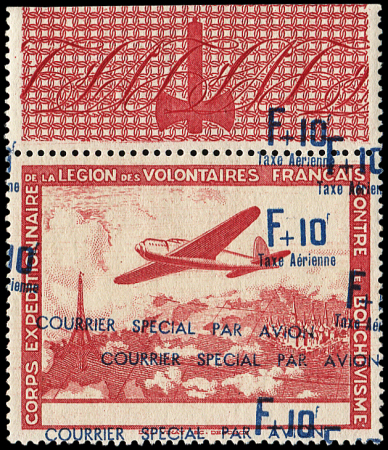 N°3 F + 10f. carmin et bleu, surcharges MULTIPLES,