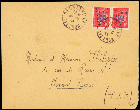 Decazeville N°4 1f rouge, PAIRE obl. 30/8/44 sur Env.,