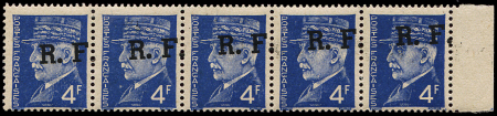 LYON N°15c Pétain, 4f bleu, BANDE de 5, surch. progressivement