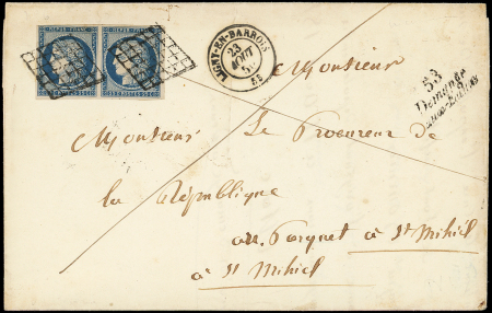 N°4 PAIRE obl. GRILLE s. LSC, càd T15 LIGNY-EN-BARROIS et Cursive 53/DEMANGE/AUX EAUX, jolie combinaison TTB