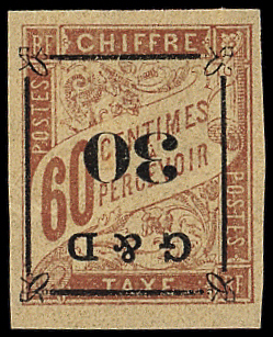 N°13a 30 sur 60c. brun s. chamois, variété surcharge