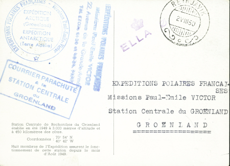 N°829 OBL CAD "Paris aviation Sce intérieur" (9.6.50) sur carte postale de Marcel Ichac : vue de la station centrale avec au verso CAD Reykjavik (2.8.50) + 3 cachets bleus dont rect "Courrier parachuté à la station c