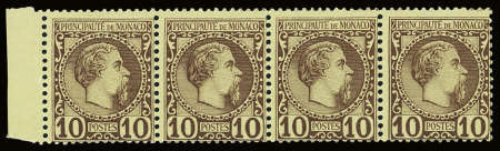 N°4 10c lilas-brun sur jaune en bande de 4, neuf **,