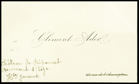 Carte de visite de Clément Ader avec adresse autographe sur 3 lignes (Beaumont sur Sèze Haute Garonne). TB