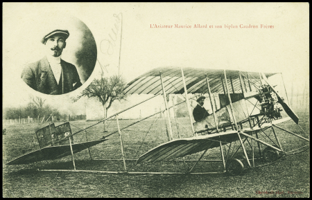 Carte postale "L'aviateur Maurice Allard et son biplan Caudron frères" + signature au crayon. TB