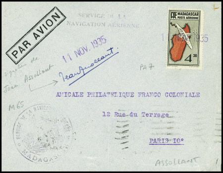 Madagascar PA7 OBL linéaire "11 nov 1935" sur lettre pour Paris (Muller n°65) avec signature de Jean Assollant. TB