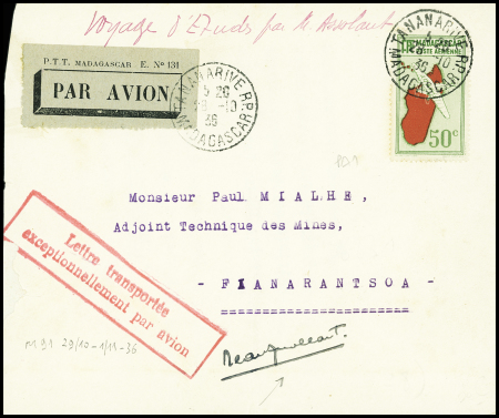 Madagascar PA1 OBL Tananarive (28.10.36) sur lettre pour Fianarantsoa (voyage d'études) avec signature de Jean Assollant (Muller n°91). TB