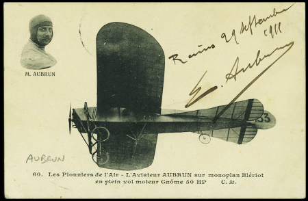 CP "L'aviateur Aubrun sur monoplan Blériot avec signature "Reims 29 septembre 1911. E.Aubrun". TB