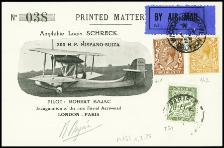 GB n°141 + 142 OBL Croydon (1.7.25) sur carte postale spéciale blanche avec signature de Robert Bajac (Muller Grande Bretagne n°135). TB
