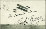 N°137 OBL Paris sur carte postale "biplan Maurice Farman" avec signature "Un souvenir de Franck Barra dec 29 1910". TB