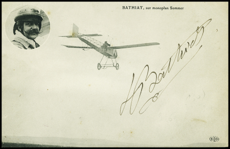 Carte postale "Bathiat sur biplan Sommer" avec signature de Léon Bathiat AFF n°137 OBL Mouzon Ardennes (1911). TB