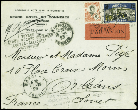 Indochine n°105 + 145 OBL Hanoï sur lettre pour Orléans avec griffe encadrée "Voyage retour record distance Costes - Bellonte oct. Nov. 1929" (Muller n°29)