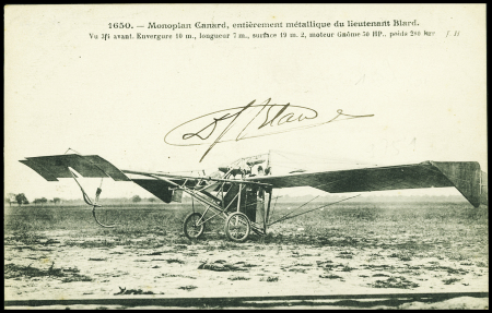 Carte postale "monoplan Canard, entièrement métallique du lieutenant Blard" avec signature "D.Blard". TB