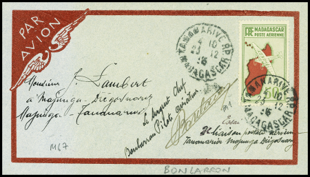 Madagascar PA n°1 OBL Tananarive (23.12.35) sur lettre du vol d'essai Tana-Tana avec signature du sergent chef pilote Bonlarron (Muller n°67). TB