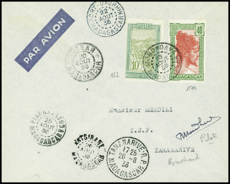 16.8.1936 Morondava - Tananarive avec les diverses escales au recto et signature du pilote Bouchard. TB