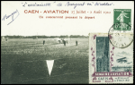 N°137 + vignette Caen aviation OBL Aubervilliers (25.8.10) sur carte postale avec signature de Burgeat, pilote de l'Antoinette. TB
