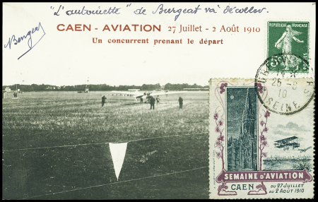 N°137 + vignette Caen aviation OBL Aubervilliers (25.8.10) sur carte postale avec signature de Burgeat, pilote de l'Antoinette. TB