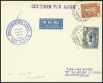 Irak n°51 + 53 OBL Bagdad (3.4.1930) sur lettre pour Beyrouth avec cachet bleu "Bagdad - Syrie - Liban premier courrier aérien - voie A.U.L.O" et signature du pilote