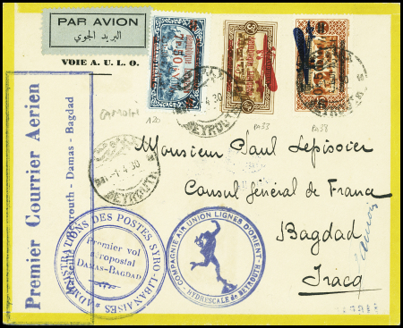 Liban n°120 + PA33 + PA38 OBL Beyrouth (1.4.30) sur env. bordée de jaune AULO avec divers cachets dont premier vol aéropostal Damas - Bagdad + signature du pilote