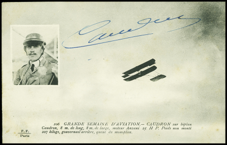 CP représentant Gaston Caudron et son biplan avec signature "Caudron". TB