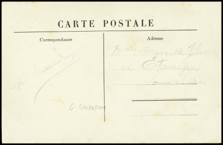 CP représentant Gaston Caudron et son biplan avec signature "Caudron". TB