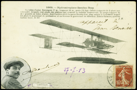 N°138 OBL Paris (1913) sur carte postale représentant un hydroaeroplane Sanchez Besa avec signature de l'aviateur Chambenois. TB