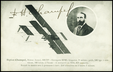 Carte postale (biplan Champel) avec signature de l'aviateur "FH Champel". TB