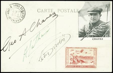 Carte postale représentant Chavez, Latham et Léon Molon à la semaine d'aviation avec les signatures de ces 3 grands aviateurs. RR et TB