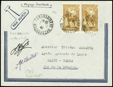 7.12.1940 Tananarive - Ile de la Réunion avec signatures des aviateurs Vys et Chollet (Muller Madagascar n°113). TB