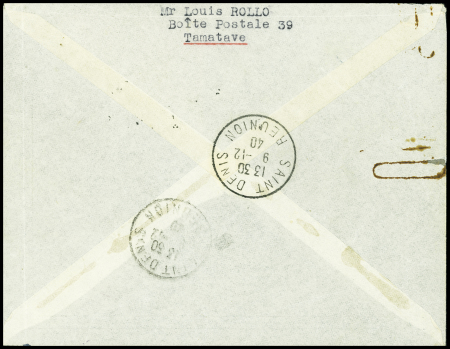 7.12.1940 Tananarive - Ile de la Réunion avec signatures des aviateurs Vys et Chollet (Muller Madagascar n°113). TB