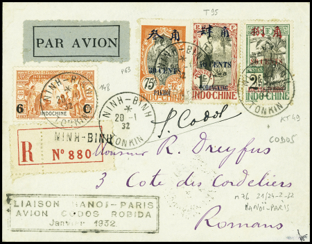 Indochine n°148 + Pakhoï n°63 + Tchongking n°95 + Kouang Tchéou n°49 OBL Ninh-Binh (20.1.32) sur lettre recommandée avec cachet rect noir