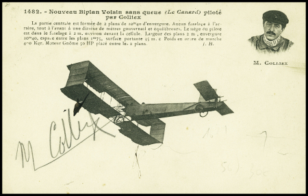 Carte postale : nouveau biplan Voisin sans queue (Le Canard) piloté par Colliex avec signature au crayon "M.Colliex". TB