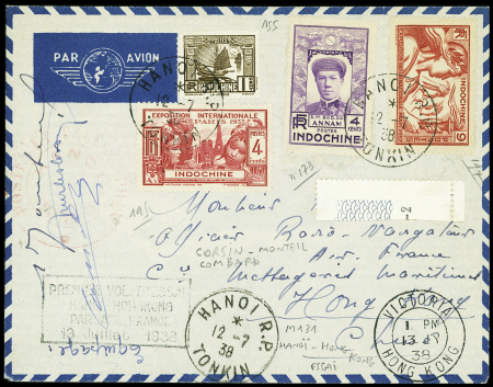 12.7.38 Essai Hanoï + Hong Kong (Muller 131 Indochine) lettre avec signatures de l'équipage : Corsin + Monteil + Combard