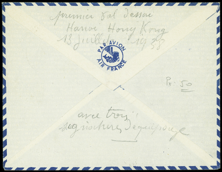 12.7.38 Essai Hanoï + Hong Kong (Muller 131 Indochine) lettre avec signatures de l'équipage : Corsin + Monteil + Combard