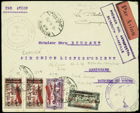 10.6.29 Beyrouth - Marignane, lettre avec cachet rect violet "premier vol aéropostal Beyrouth + Marseille" (M6 Liban) avec signature du pilote Corouge