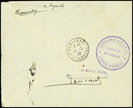 10.6.29 Beyrouth - Marignane, lettre avec cachet rect violet "premier vol aéropostal Beyrouth + Marseille" (M6 Liban) avec signature du pilote Corouge