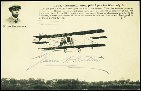 Carte postale : biplan Curtiss piloté par Riemsdyck avec signature "Glenn H.Curtiss". TB 