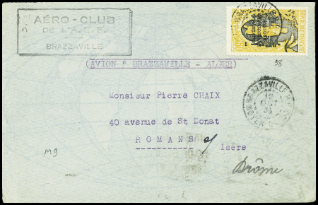 Congo n°98 OBL Brazzaville (19 oct 34) sur lettre du vol Brazzaville - Alger au verso signatures de Dagnaux et Poulin. TB