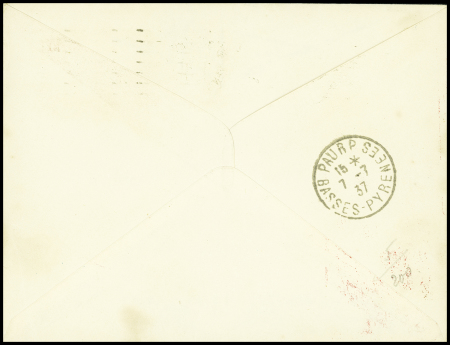 N°279 + 346 OBL Paris (7.7.37) sur lettre pour Pau avec cachet rect rouge "1er transport aérien de courrier postal sans surtaxe dans le service intérieur"