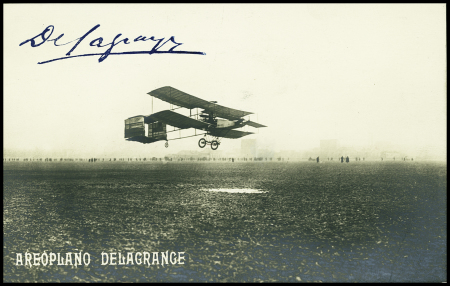 Carte postale photo "Aeroplano Delagrange" avec signature de Delagrange à Turin en 1909 peu avant son accident mortel à Bordeaux le 4 janvier 1910