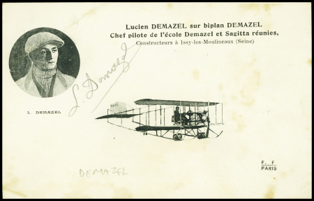 Carte postale "Lucien Demazel sur biplan Demazel avec signature au crayon. TB