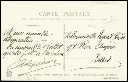 CP "Un beau vol de l'aviateur Busson sur monoplan Deperdussin" avec signatures de Deperdussin et Guillaume Busson. TB