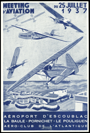 N°337 en paire OBL CAD bleu "La Baule aéropport" (25.7.37) sur carte postale spéciale du meeting de La Baule avec signature de Marcel Doret. TB